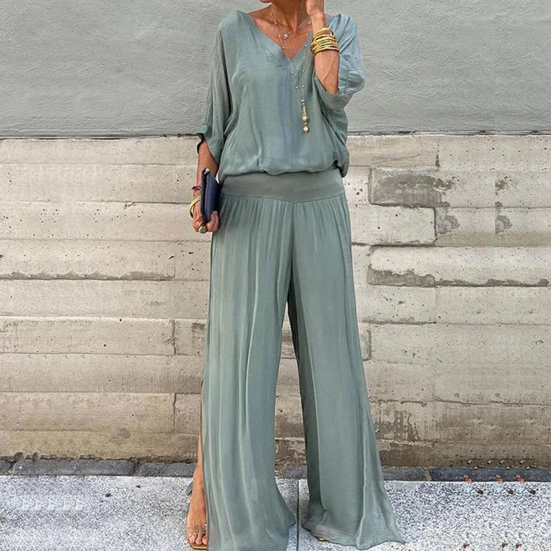 GR | Elegant two-piece set consisting of a chiffon top and wide-leg trousers