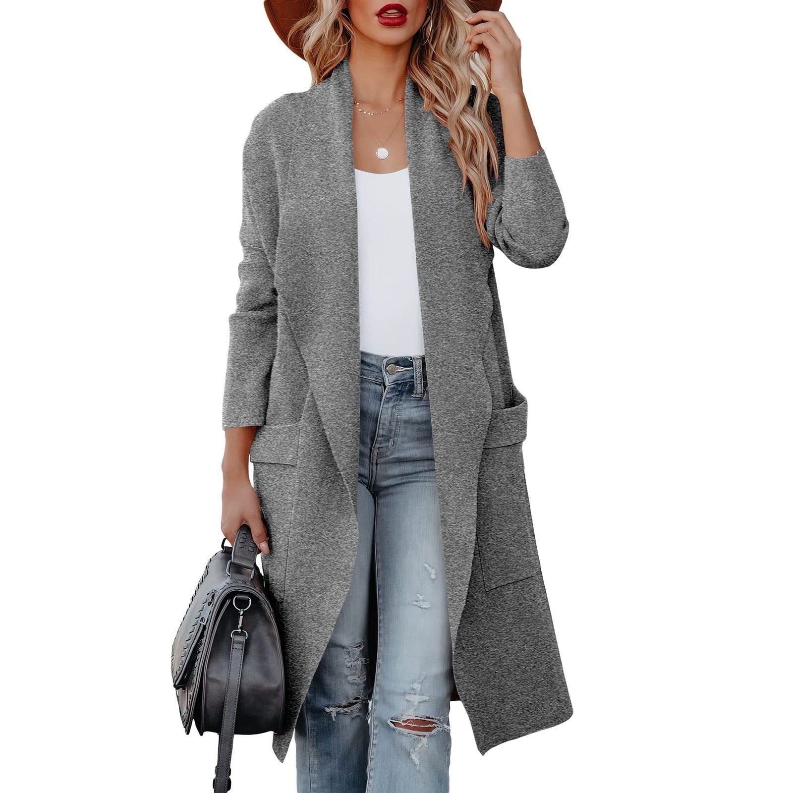 GR - Stylish women's casual long solid color coat with pockets
