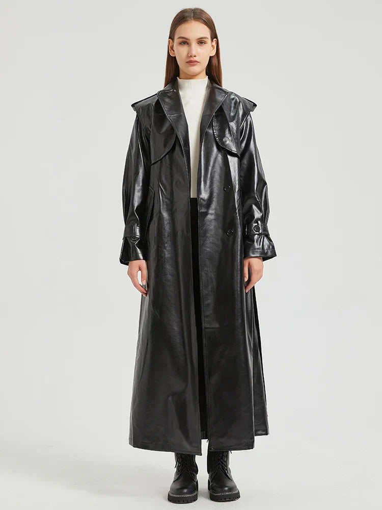 GR | Lautaro Autumn Extra Long Gold Shiny Patent PU Leather Trench Coat for Women Simple Buckle Luxury Designer Overcoat