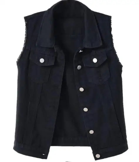 GR | Denim Vest Sleeveless Frayed Button Closure Classic Collar Casual Fit