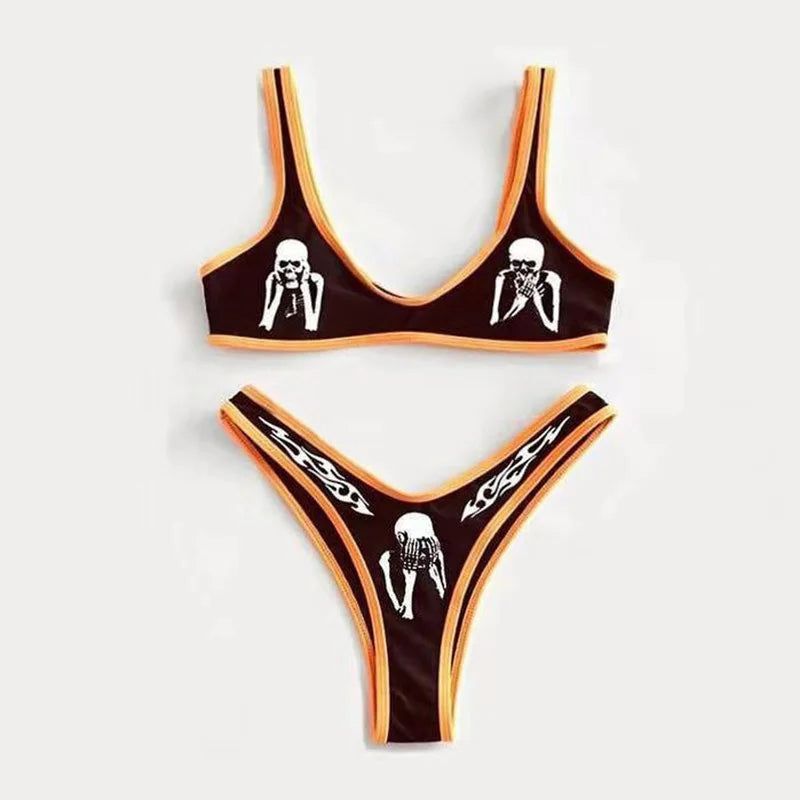 GR | Sexy Goth Bikini Women's Letter Skull Print Swimsuit Split Swimsuit High Waist Gothic Bikini Set Beach Outfits