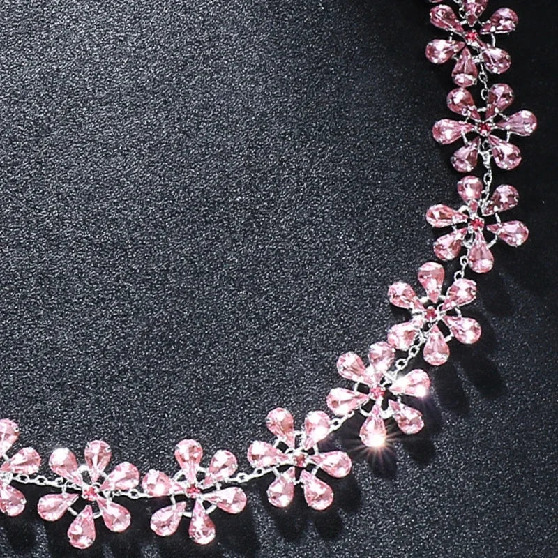 GR | Fashion Pink Crystal Flowers Choker Necklace Statement Accessories Fashion Women's Rhinestone Collar Necklace Clavicle Jewelry Ins
