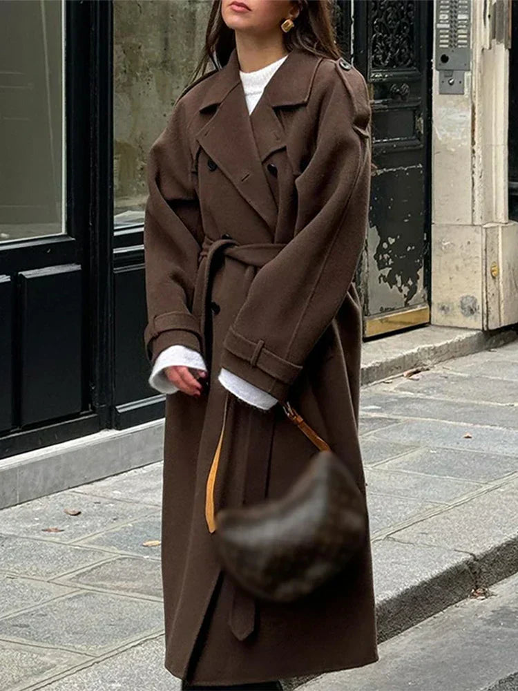 GR | Elegant women's maxi coat with double-breasted buttons and belt