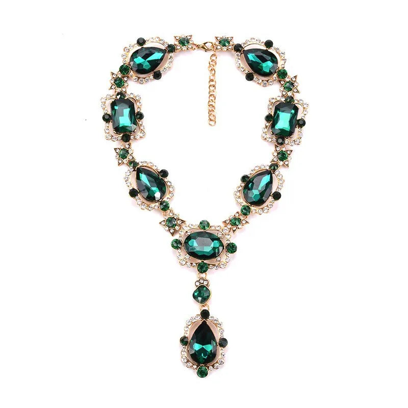 GR | Statement Rhinestones Jewelry Large Gemstone Gem Stone Crystal Victorian Jewelry Green Emerald Bib Necklace for Women