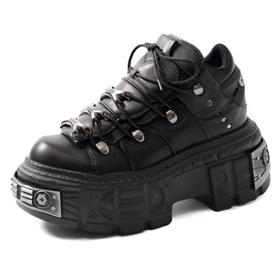GR | Women's Ankle Boots for Women, Thick Sole, Laces, Metal Decoration, Round Toe Platform Shoes, Ladeis Punk Gothic Sneakers