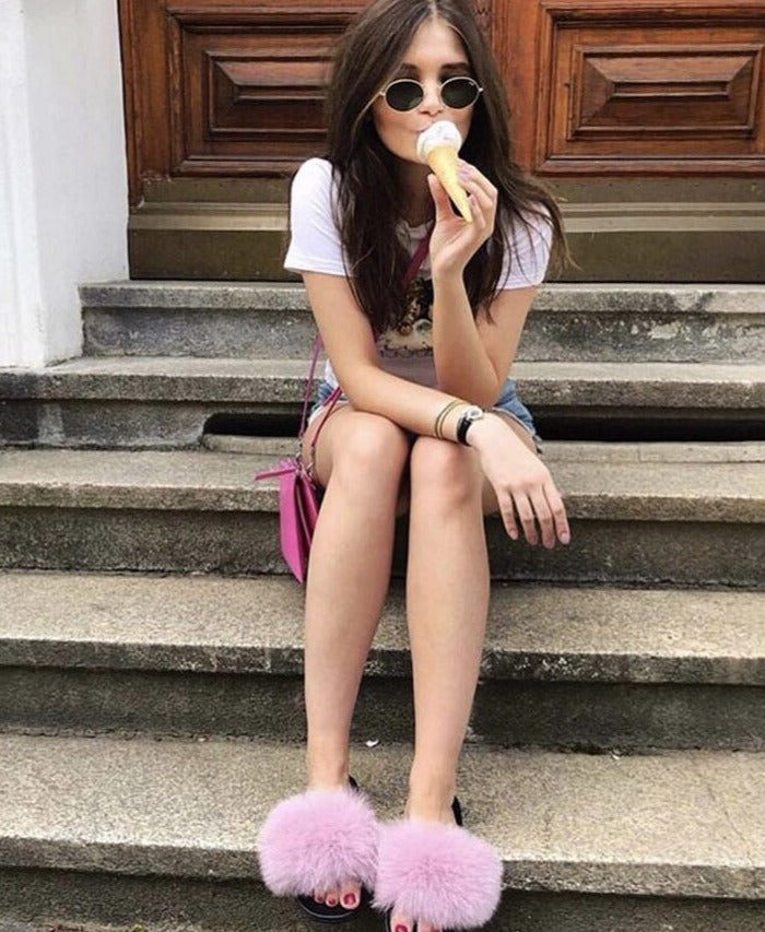 GR | Fluffy real fur flip-flops, slippers, sandals