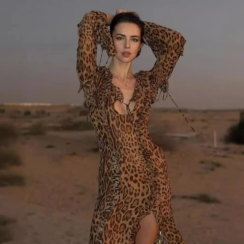 GR | Leopard print dress with ruffles and high slit