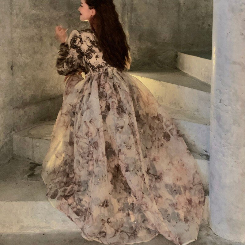 GR | Floral Fairy Princess Dress with Detachable High-Low Skirt Layer 