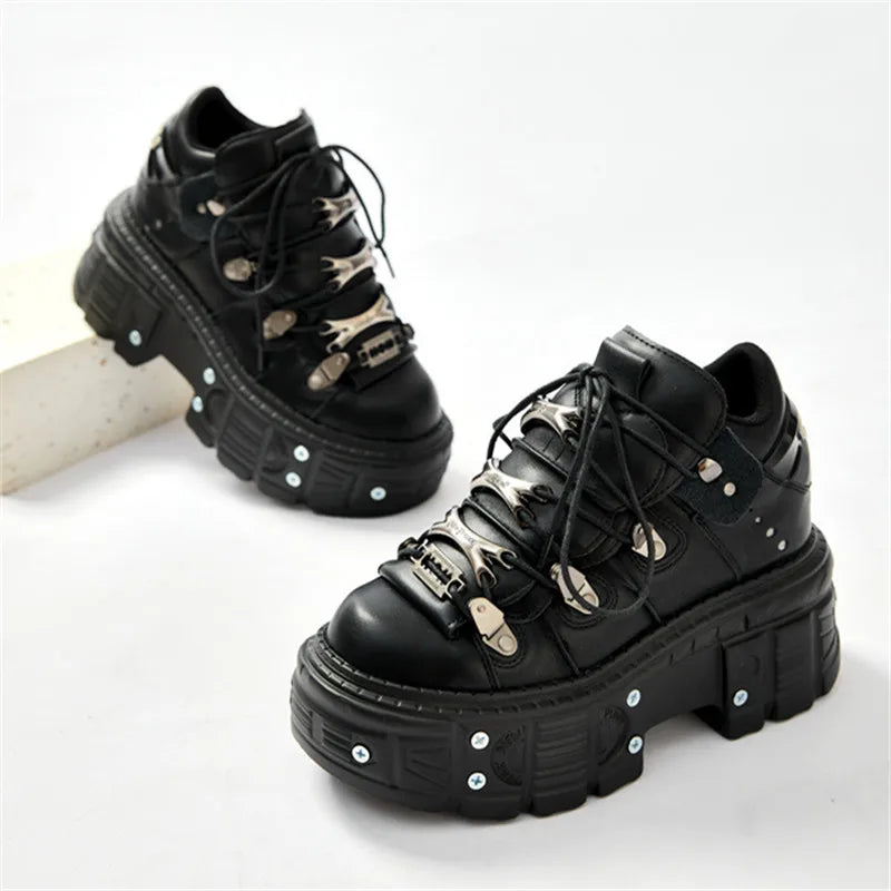 GR | Fashion Women's Ankle Boots, Thin Heels, Round Toe, Lace-Ups, Metal Decoration, Sneakers, Studded, Punk, Gothic, Rock Shoes