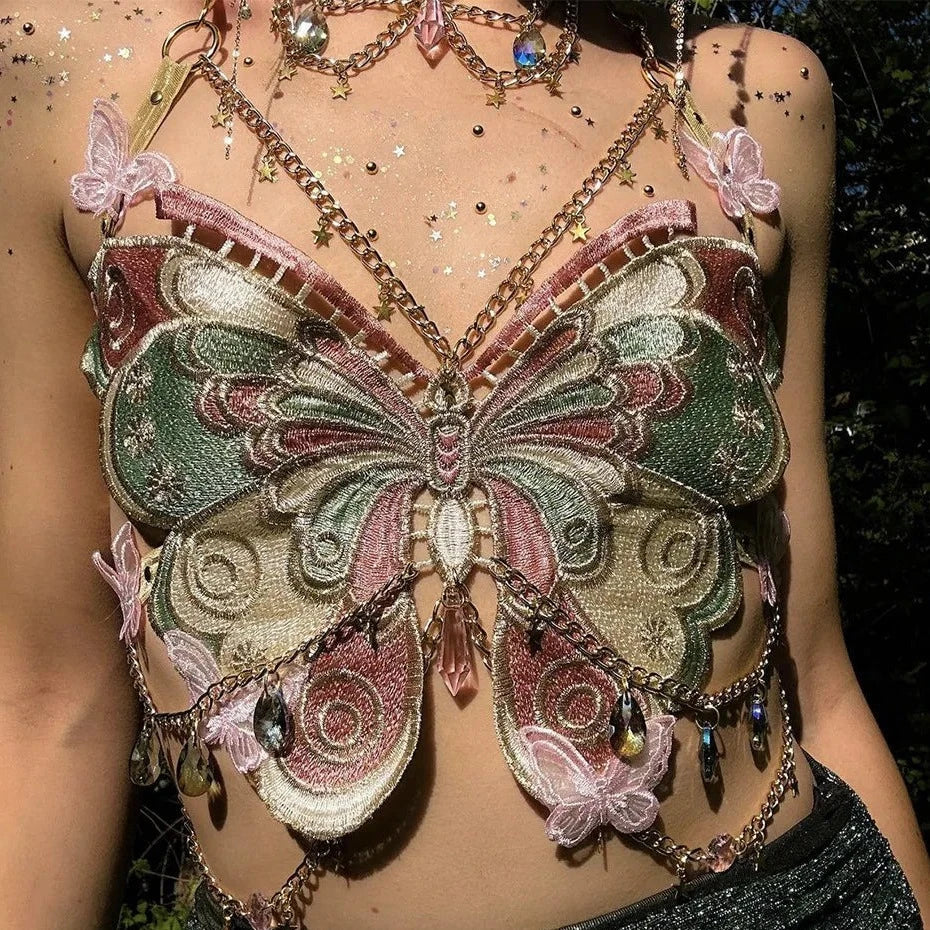 GR | Embroidered Y2k Butterfly Crop Top