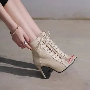 GR | Sandals Cave Mesh Heels Belt Buckle Women's Summer Beige Lace-up Sexy Open Toe Stiletto Jazz Dance Party Women's Shoes
