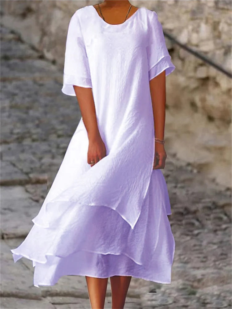 GR | Double-layered slit short-sleeved dress with round neckline