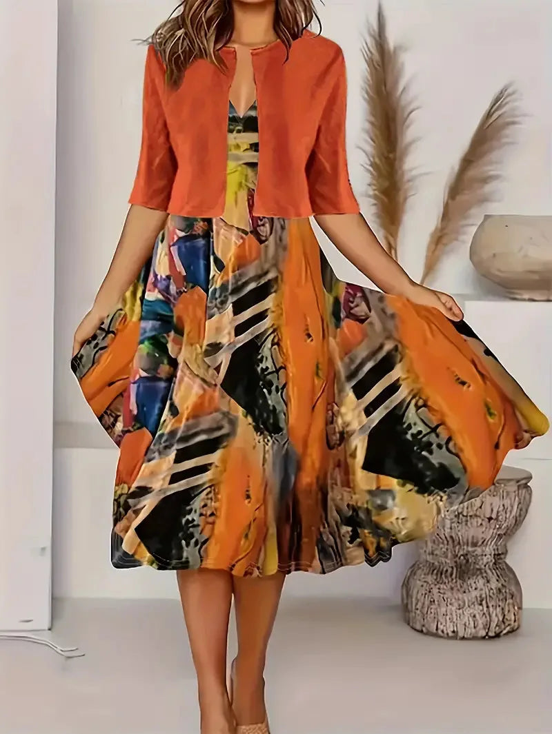 GR | New for summer! EU US Autumn Women's 2 Long Dress Set Floral and Grass Dot Crew Neck Dress with Chiffon Short Jacket