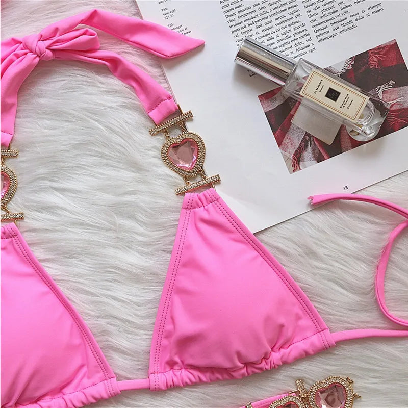 GR | Pink Sexy Bikinis Swimwear with Heart Rhinestones Women's Swimwear Female Push-Up Bikini Beach Swimwear Bathing Suits Pool Swimwear