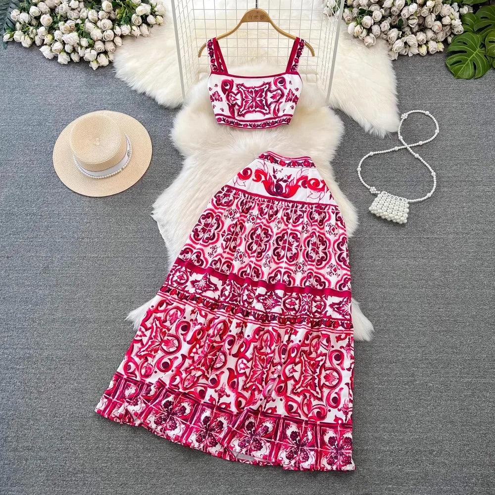 GR Flower Two-Piece Set | Stylish printed top and maxi skirt summer women's set
