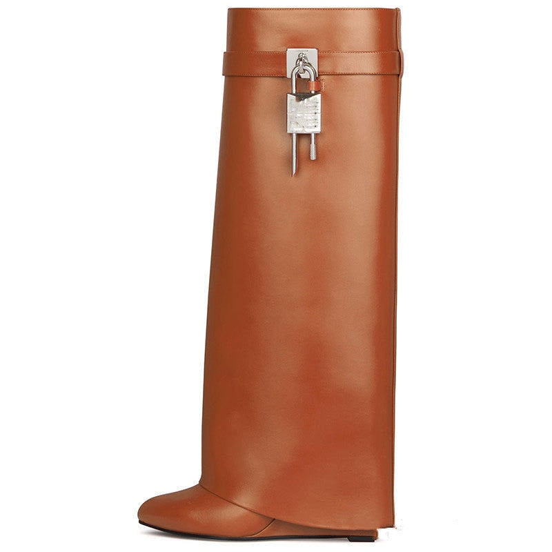 GR | Women's Knee-High Boots Shark Lock Long Thick Soles High Heels Boots Designer Luxury Brand Women's Leather Boots