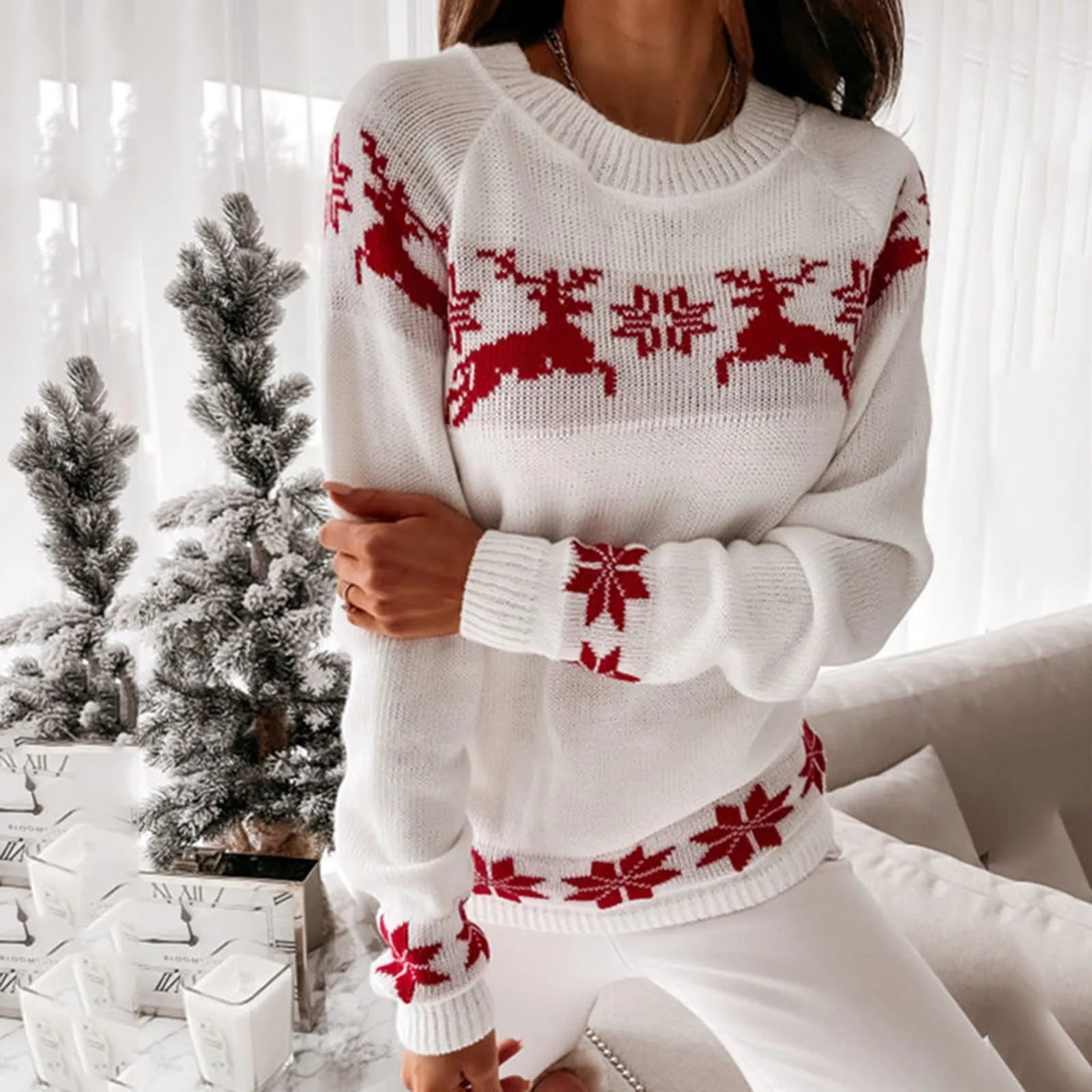 GR - Hässlicher Weihnachtspulli - Bequemer Strickpulli mit O-Ausschnitt, Rentier- und Schneeflockenmuster