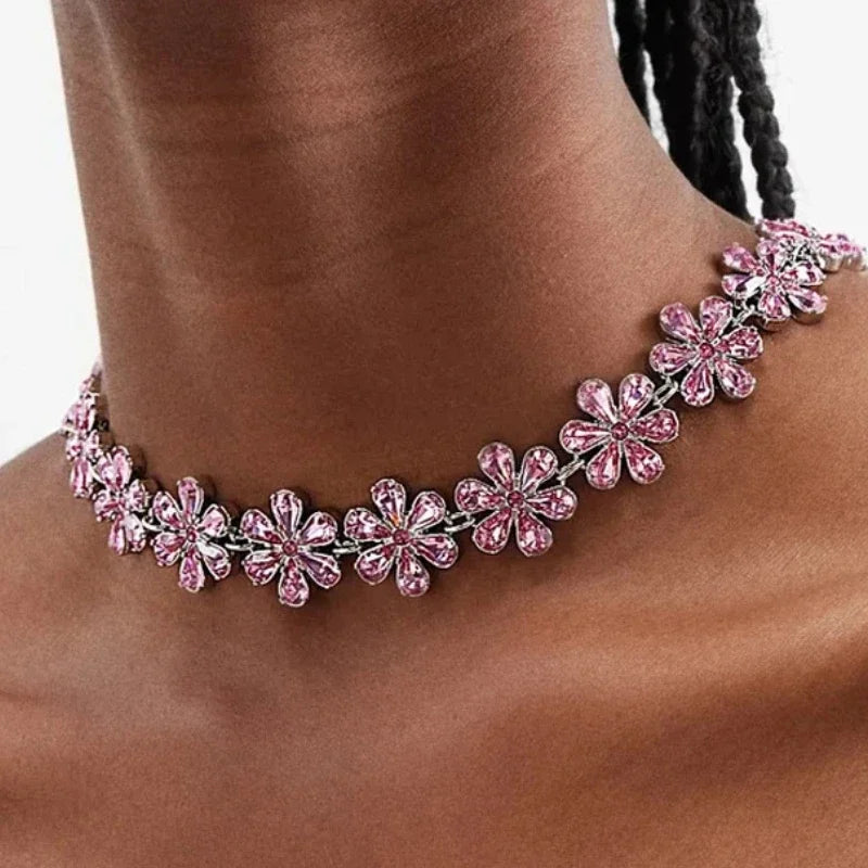 GR | Fashion Pink Crystal Flowers Choker Necklace Statement Accessories Fashion Women's Rhinestone Collar Necklace Clavicle Jewelry Ins