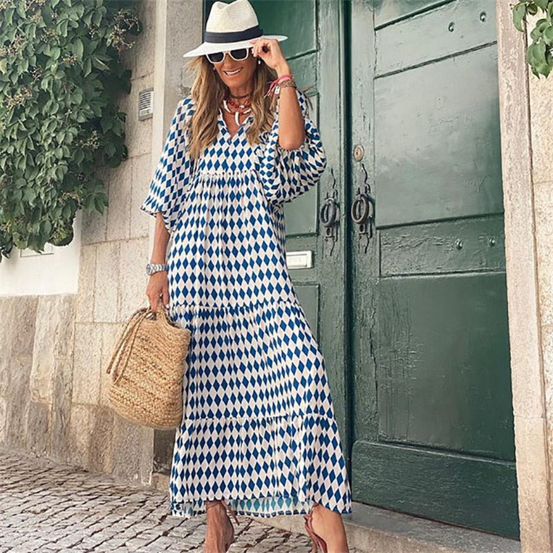GR | Geometric dress with puff sleeves for women