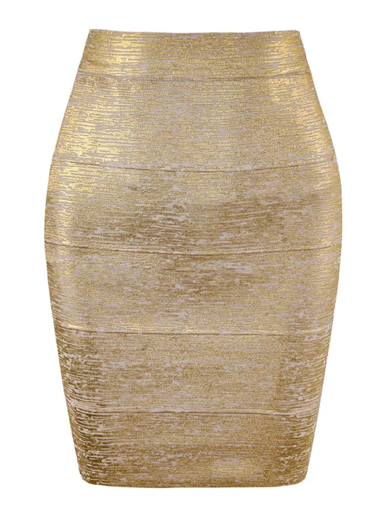 GR | Wholesale Women's Summer Fashion Sexy Gold Bronze Bandage Skirt Designer Nightclub Bodycon Pencil Skirt Faldas 46cm