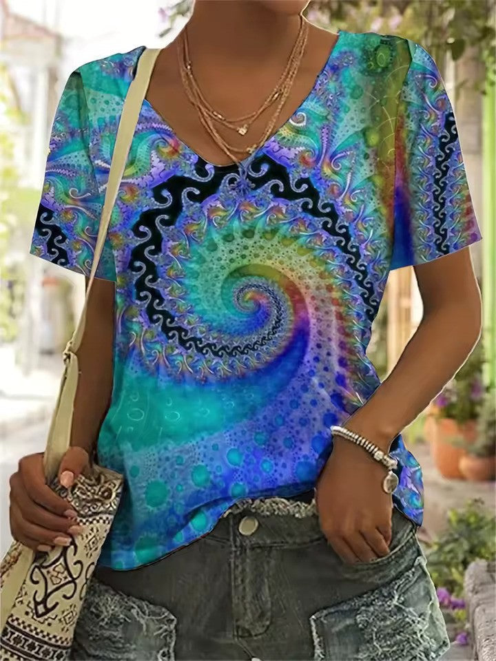 GR | Lebhaftes Retro-T-Shirt mit V-Ausschnitt für Damen