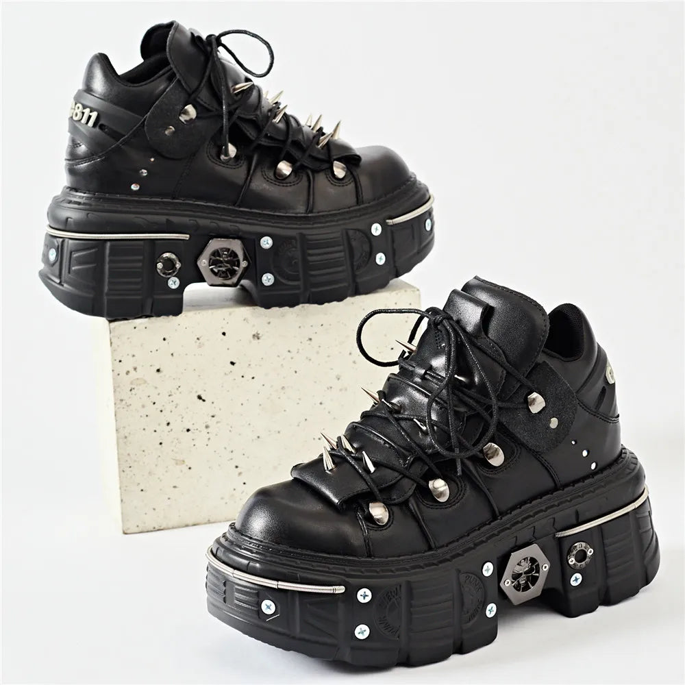 GR | Fashion Women's Ankle Boots, Thin Heels, Round Toe, Lace-Ups, Metal Decoration, Sneakers, Studded, Punk, Gothic, Rock Shoes