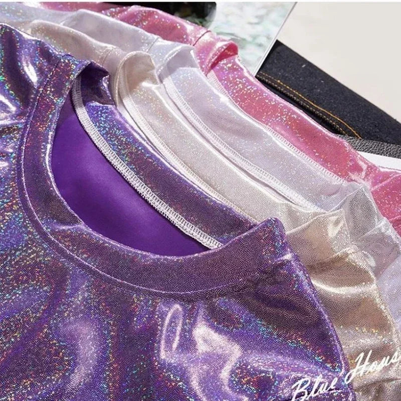 GR | S 5Xl Damen Funkelnd Shiny Metallisch Holografisch Rundhals Kurzarm Lässig Lose Top Festival Party T-Shirt Damenbekleidung