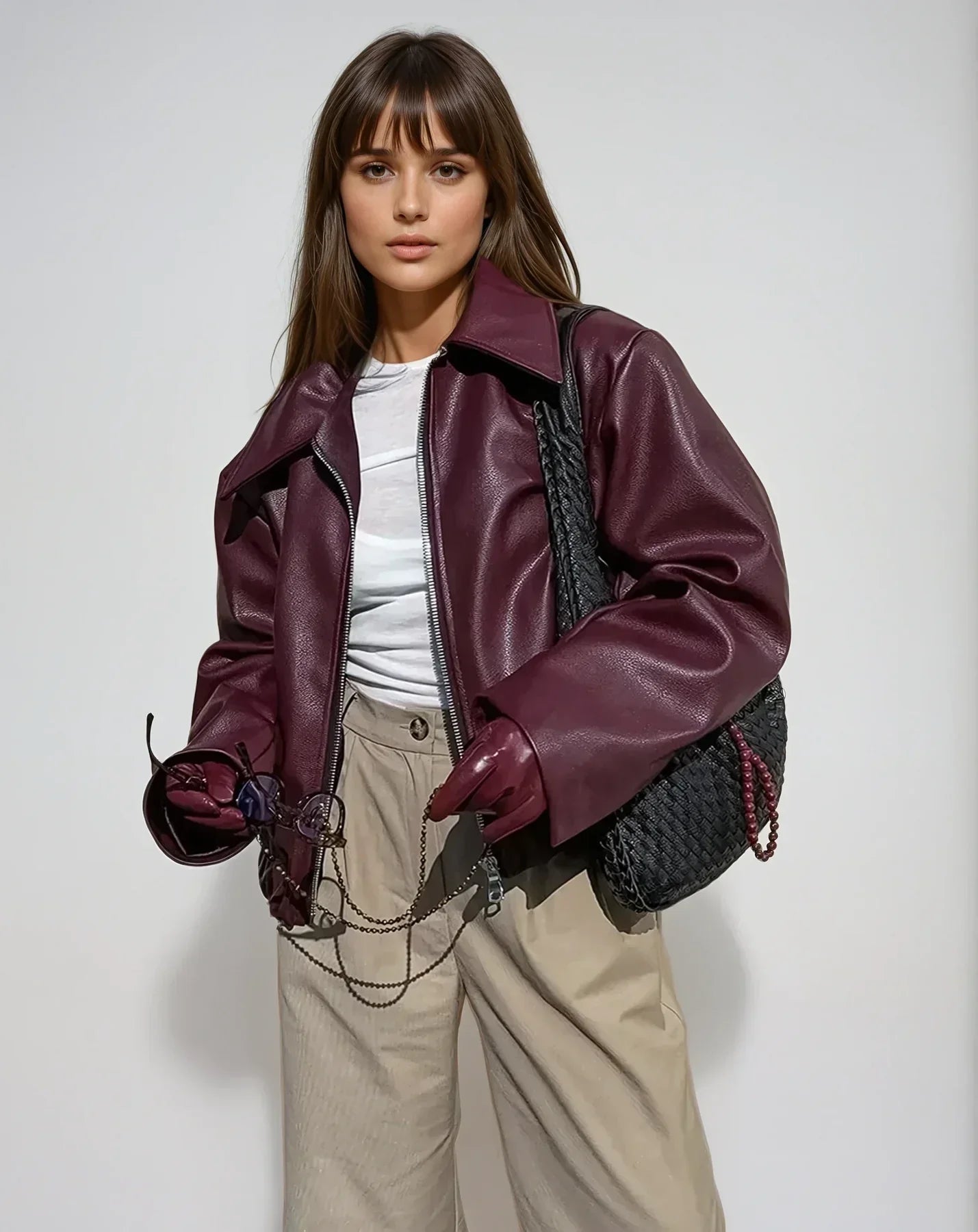 GR | Women's Red Leather Jacket Vintage Leather Jacket with Zipper For Women