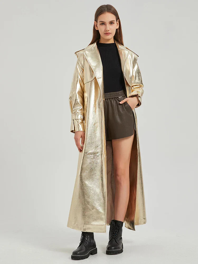 GR | Lautaro Autumn Extra Long Gold Shiny Patent PU Leather Trench Coat for Women Simple Buckle Luxury Designer Overcoat
