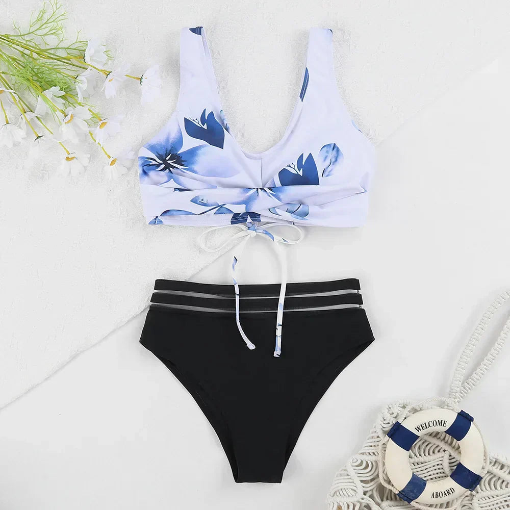 GR | Lace-up High Waist Bikini Women's Swimwear Women's Swimsuit Padded Push-Up Floral Swimsuit Women's Bikini Set