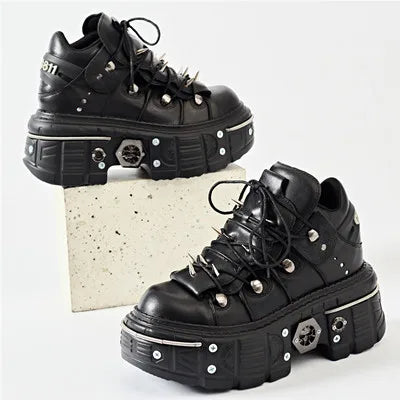 GR | Fashion Women's Ankle Boots, Thin Heels, Round Toe, Lace-Ups, Metal Decoration, Sneakers, Studded, Punk, Gothic, Rock Shoes