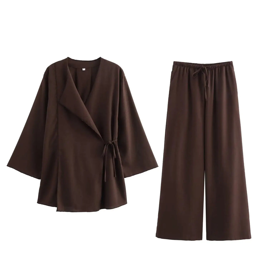 GR | Fashion Linen 2-Piece Women's Spring Summer Kimono Style Loose Lace-Up Shirts Tops Women's Wide Leg Trousers Set