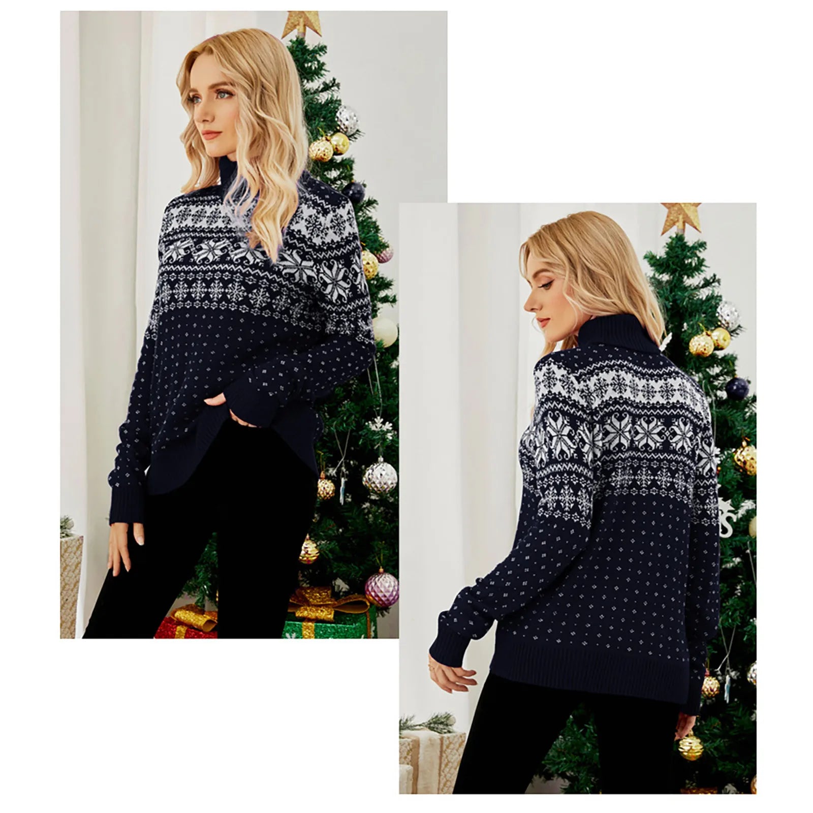 GR - Hässlicher Weihnachtspulli - Vintage Rollkragenpullover mit Schneeflockenmuster