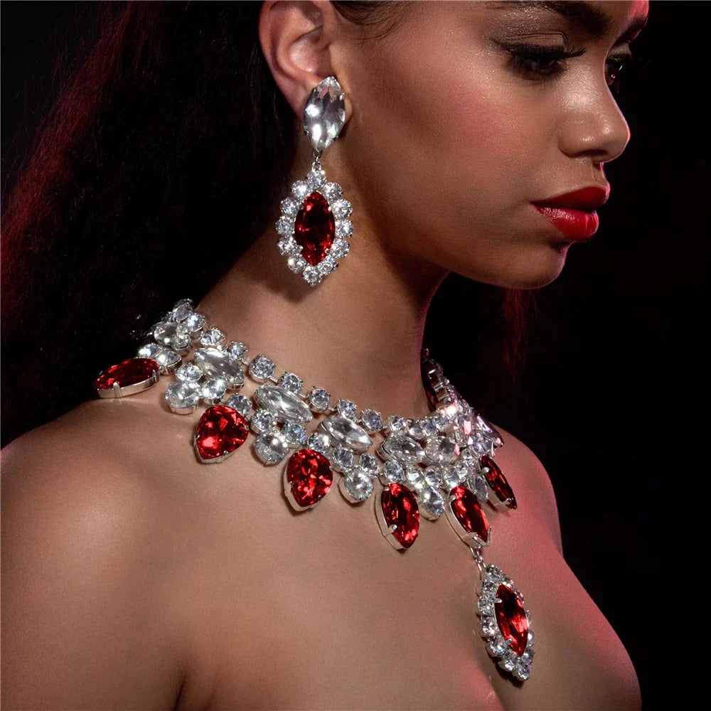 GR | Boho Silver Luxury Rhinestone Water Drop Pendant Choker for Women Sexy Crystal Neck Collar Statement Necklace Jewelry Accessory