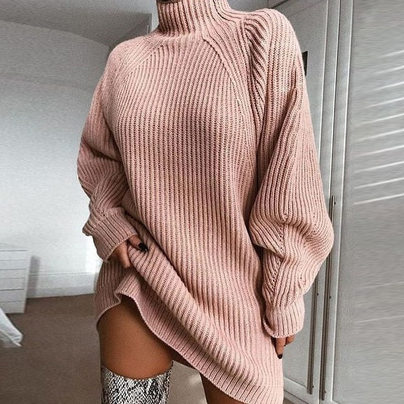 GR Attraktives A-Linien-Kleid | Damen Herbst Strickkleid mit Rollkragen