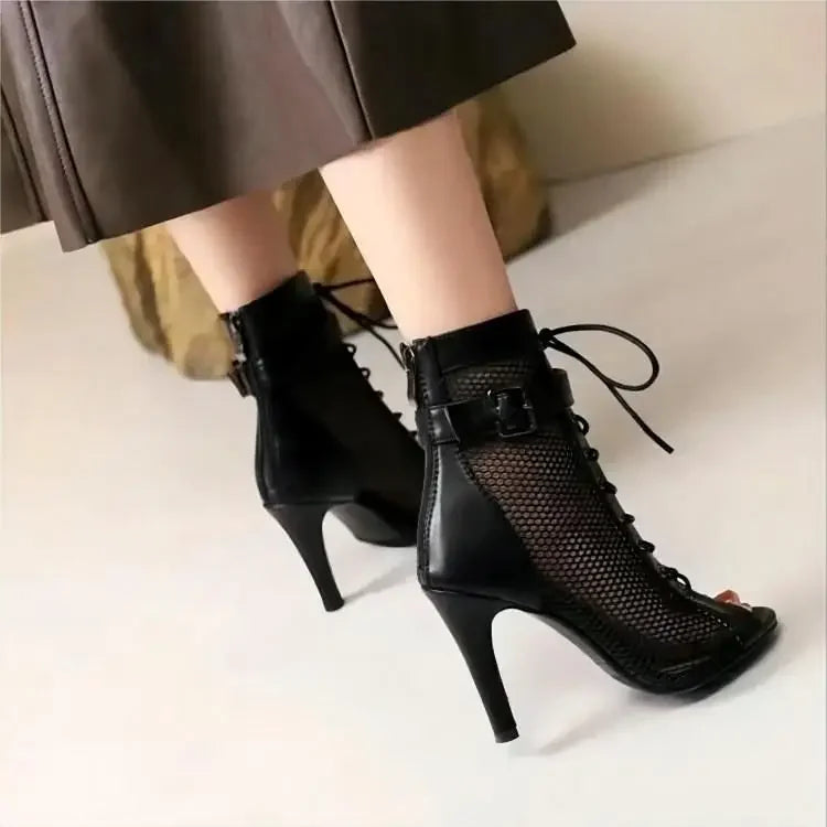 GR | Sandals Cave Mesh Heels Belt Buckle Women's Summer Beige Lace-up Sexy Open Toe Stiletto Jazz Dance Party Women's Shoes