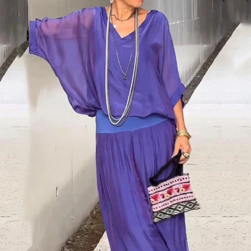 GR | Elegant two-piece set consisting of a chiffon top and wide-leg trousers