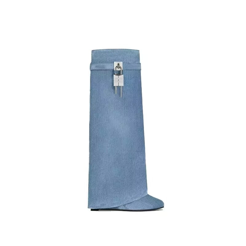 GR | Women's Knee-High Boots Shark Lock Long Thick Soles High Heels Boots Designer Luxury Brand Women's Leather Boots