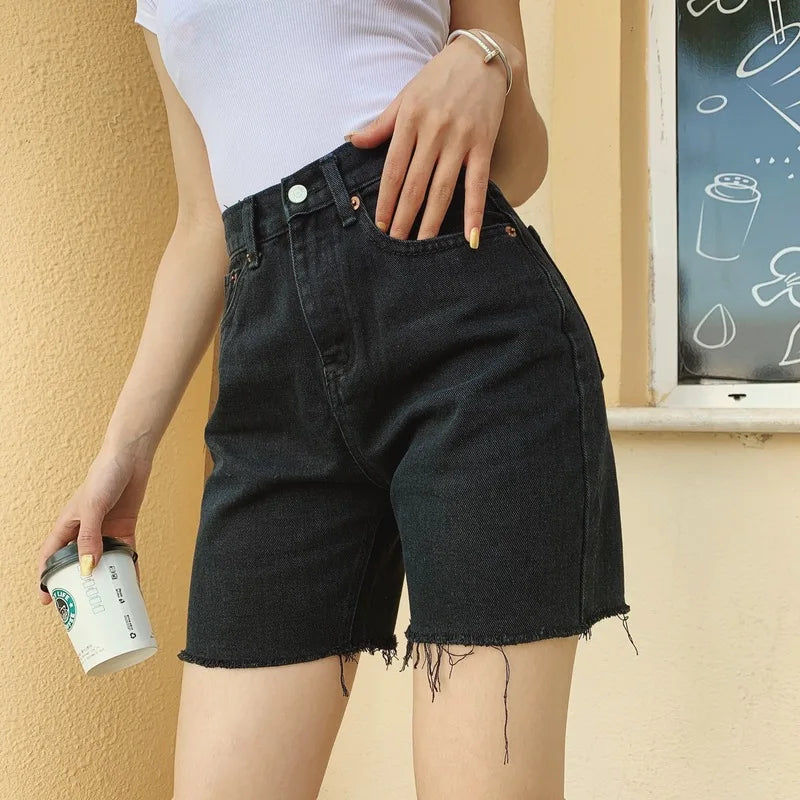 GR | Frauen Hohe Taille Breite Bein Denim Shorts Mädchen Sommer Mode Streetwear Lässig Einfarbig Weibliche Lockere Stretch Jeans