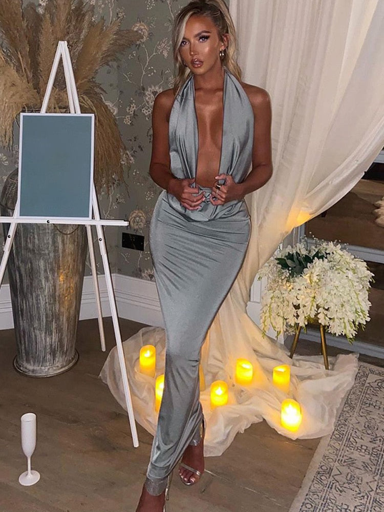 GR - Sexy long dress with V-neck and halter neck for women