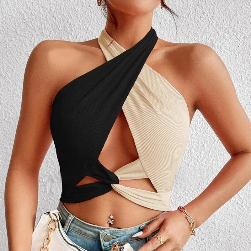 GR | Women's Summer Tank Tops Sexy Patchwork Cross Halterneck Strap Hole Crop Tops High Street Wear New Fashion