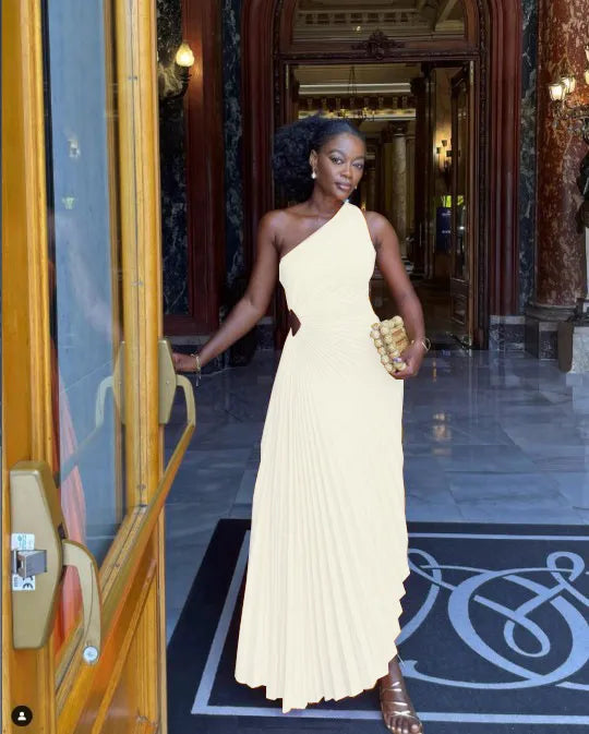 GR - Evening dress with ruffles and leather trim for women