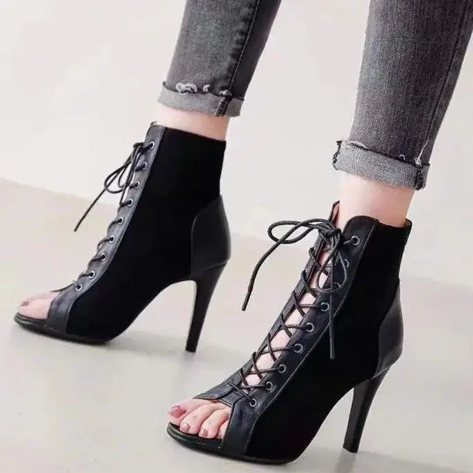 GR | Sandals Cave Mesh Heels Belt Buckle Women's Summer Beige Lace-up Sexy Open Toe Stiletto Jazz Dance Party Women's Shoes