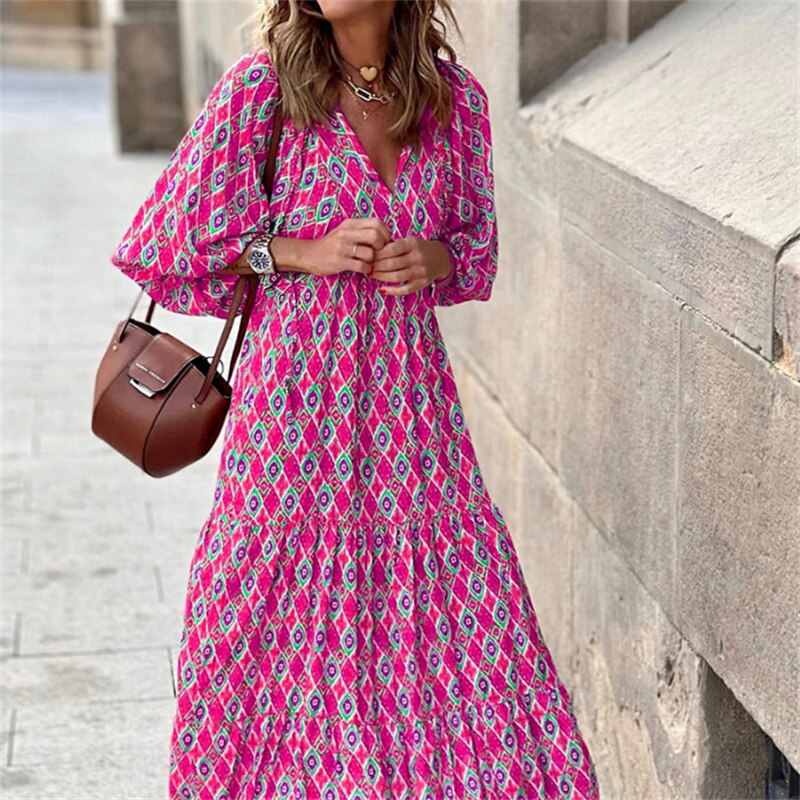 GR | Geometric dress with puff sleeves for women
