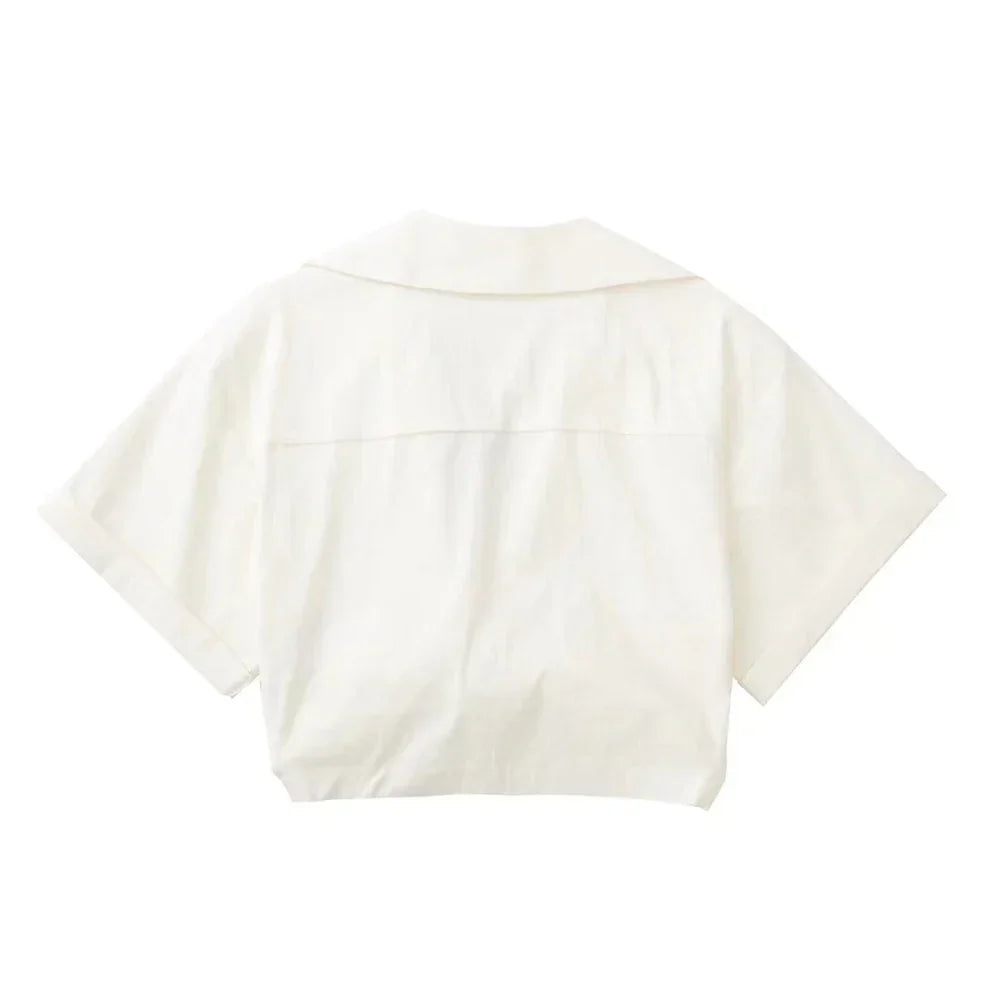 GR - Women's Vintage Short Sleeve Linen Crop Shirt