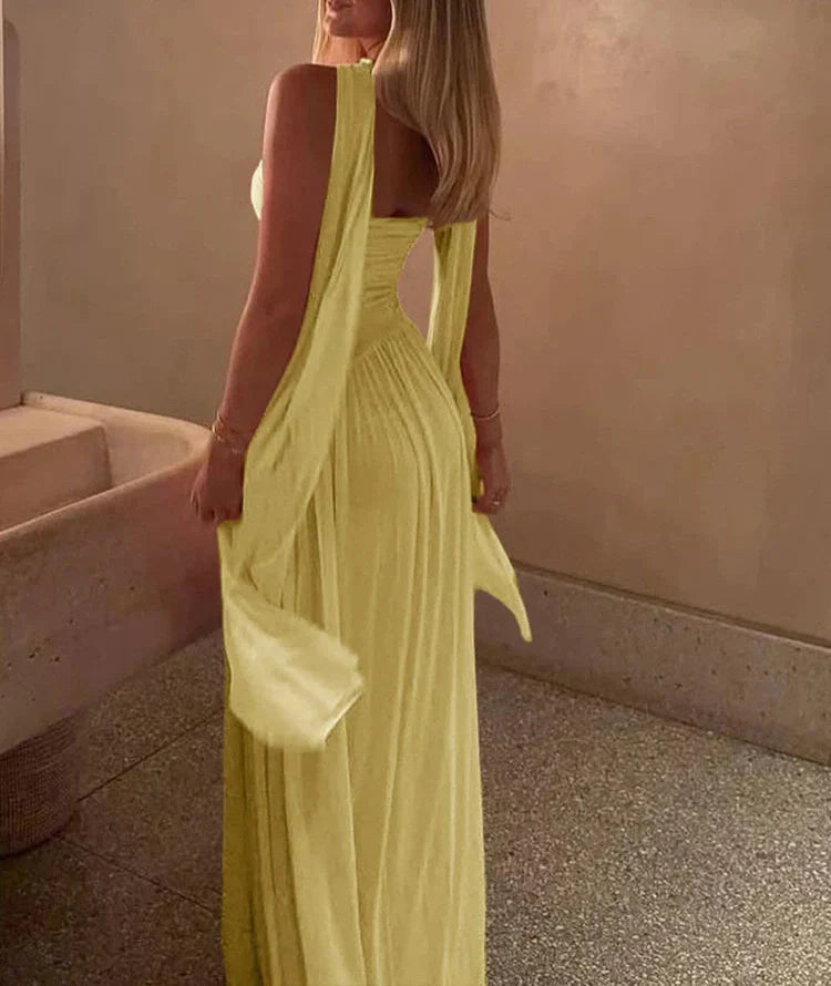 GR | Patchwork Maxi Dress Scarf Backless Strapless Ruffled Banquet