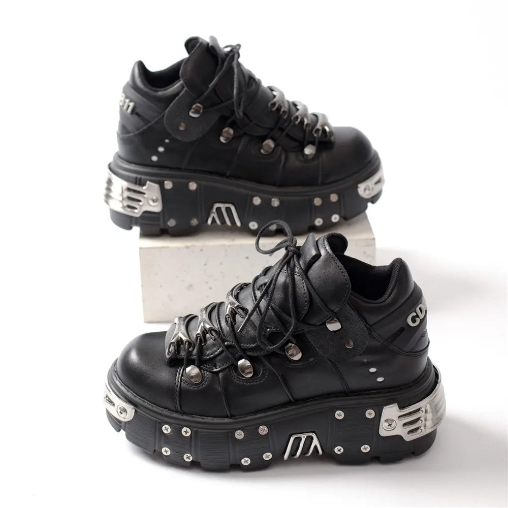 GR | Women's Ankle Boots for Women, Thick Sole, Laces, Metal Decoration, Round Toe Platform Shoes, Ladeis Punk Gothic Sneakers