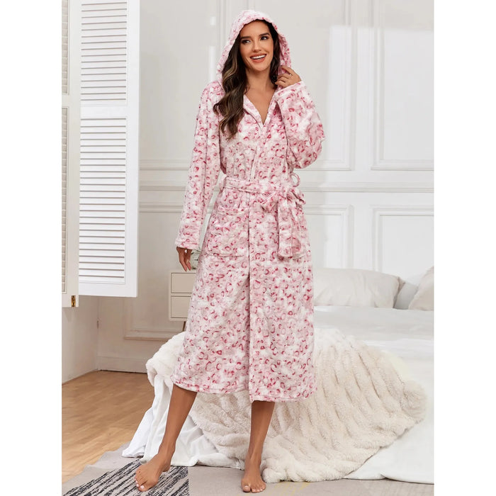 GR | Long-sleeved leopard print hooded bathrobe with belt and pockets