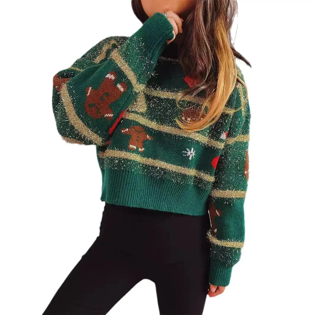 GR - Ugly Christmas Sweater - Jacquard knitted short sweater with gold stripes 