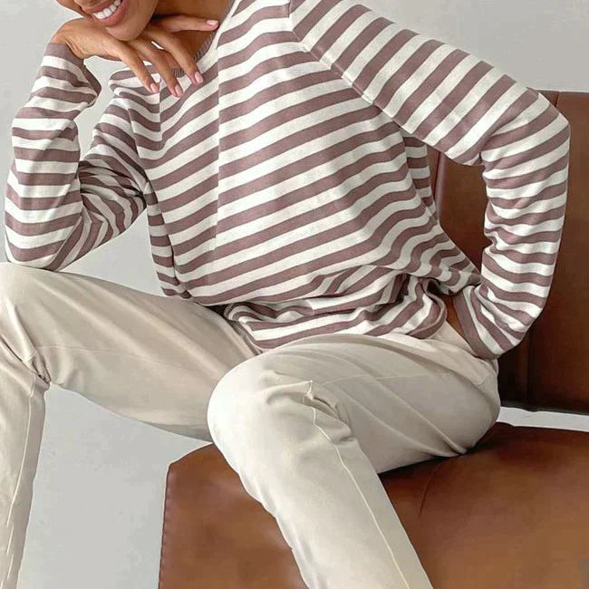 GR - Women's striped round neck long-sleeved top